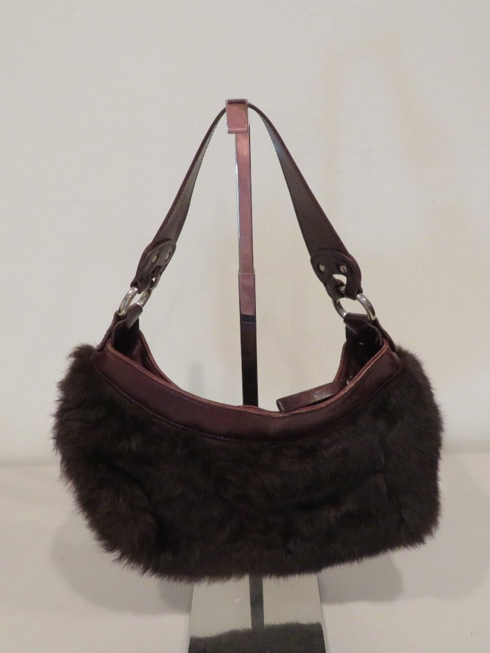 Kenneth Cole Brown Rabbit Fur Shoulder Bag Leather Strap